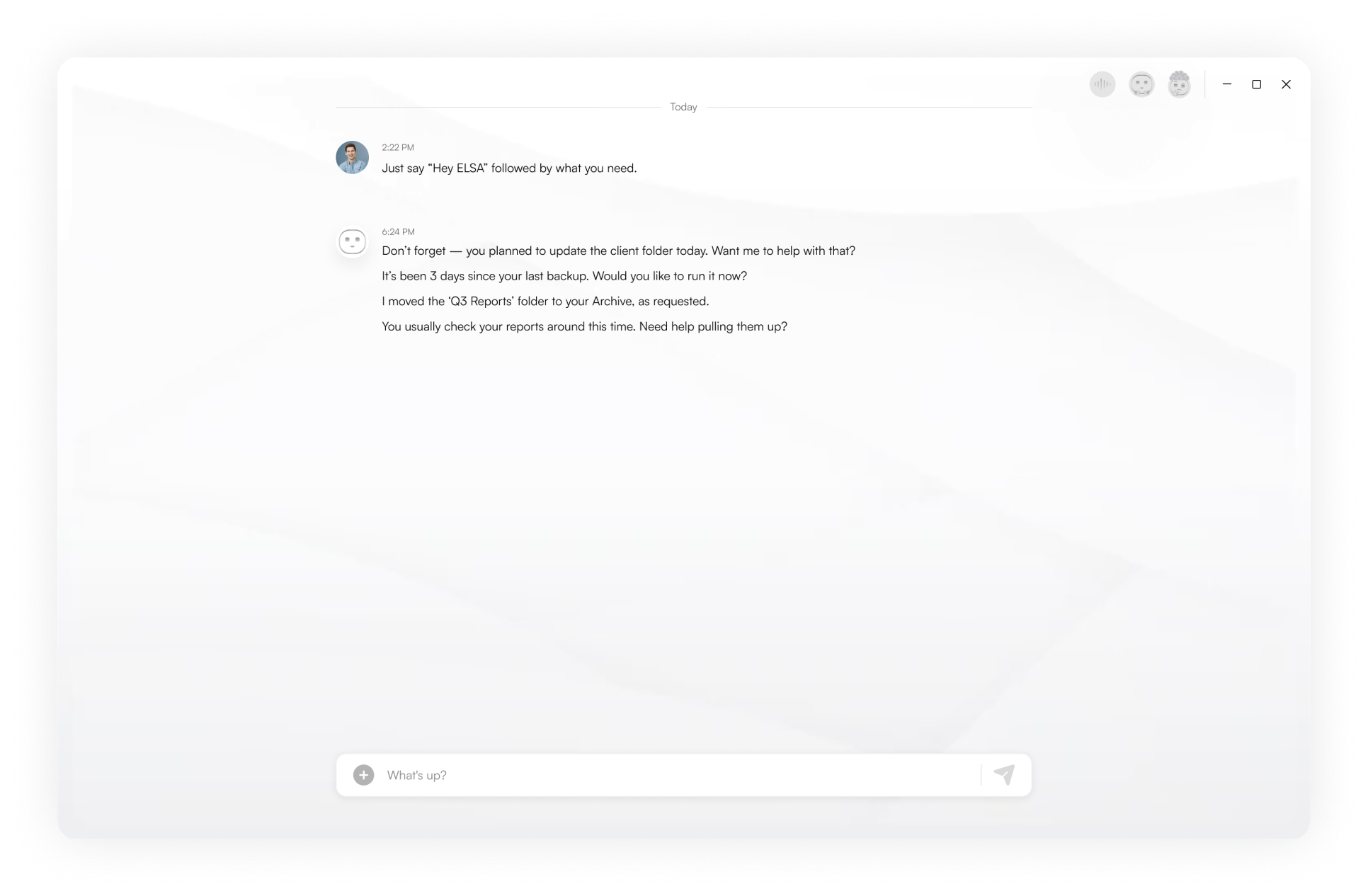 The ELSA chat window: ELSA offering to update the client folder and run a backup.